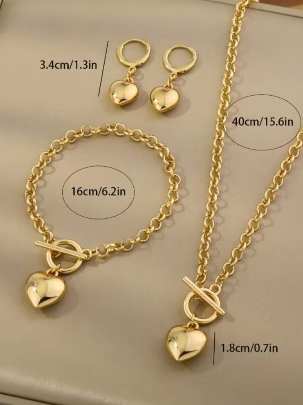 3pc Gold Heart Charm Necklace Bracelet & Earrings Jewelry Set - Picture 8 of 8